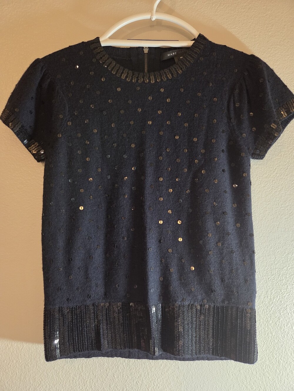 Marc Jacobs Wool Navy Short Sleeve Sequin Dot Knit Top Size M - Picture 9 of 10